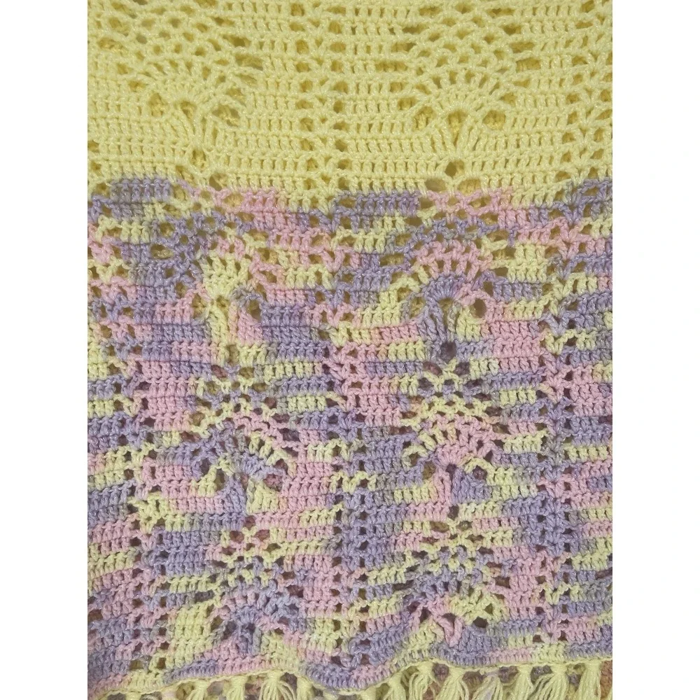 Vintage Afghan Hand Crochet Baby Girl Colors With Fringe Blanket.‎